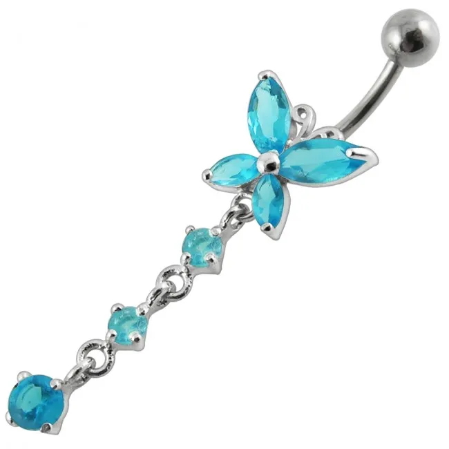 🦚 Bauchnabelpiercing Titan 925er Silbermotiv aquamarin Blume mit Schmetterling 8mm/10mm/12mm Stablänge Unkategorisiert online kaufen